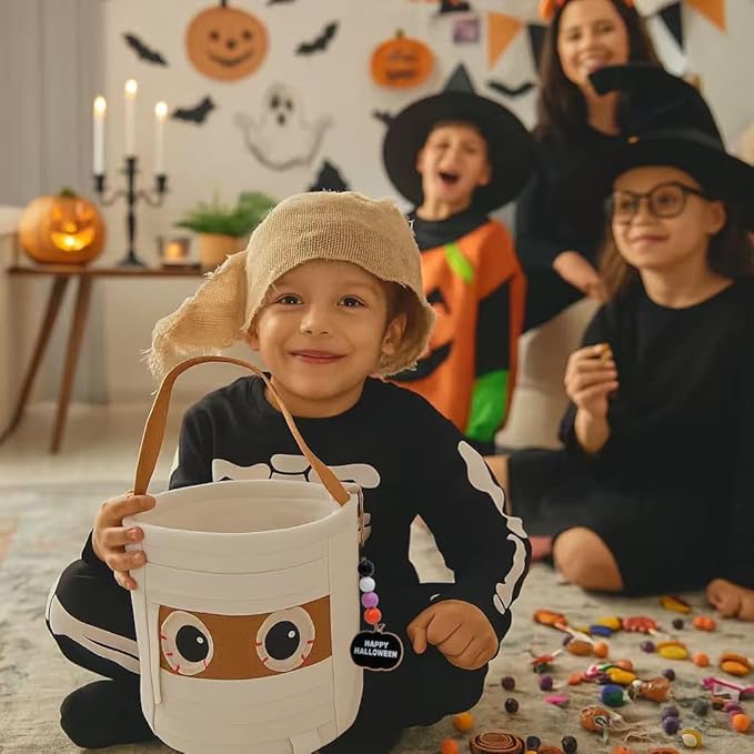 Halloween Trick or Treat Basket - Mummy Canvas Candy Bucket with Handle - Halloween Basket - Fabric Candy Bag for Parties & Treats (Mummy)