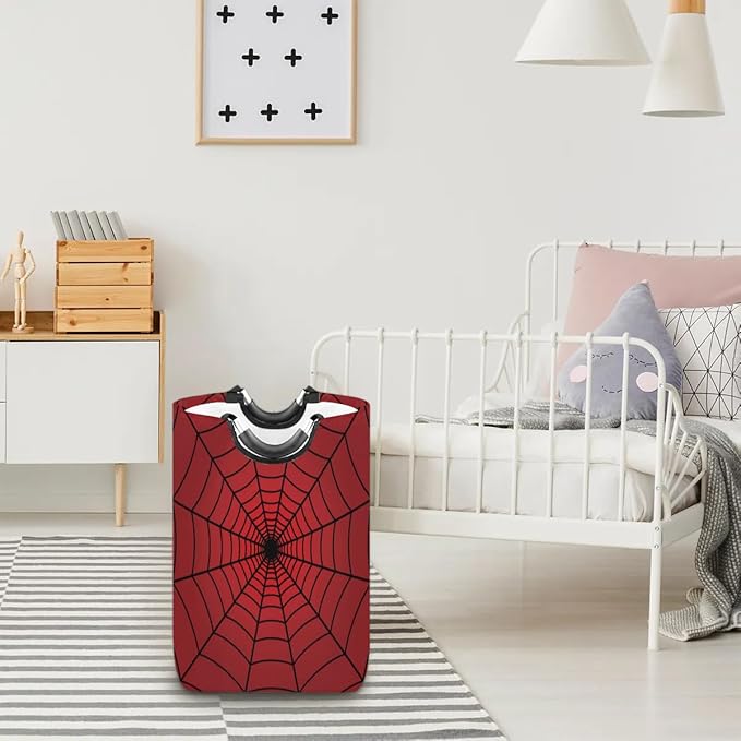 Large Round Laundry Hamper,Spiders Web Red Laundry Basket,Portable Dirty Clothes Toys Organizer Storage Basket Gifts for Nursery Boys Girls Bedroom Bathroom Home Storage