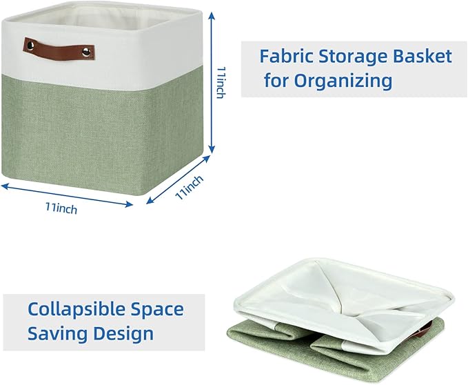 Temary Storage Baskets for Shelves 11 Inch Fabric Cube Storage Bins 4Pack Storage Cubes Fabric Storage Baskets for Organizing, Clothes, Decorative Cube Baskets with Handles (White&Green)