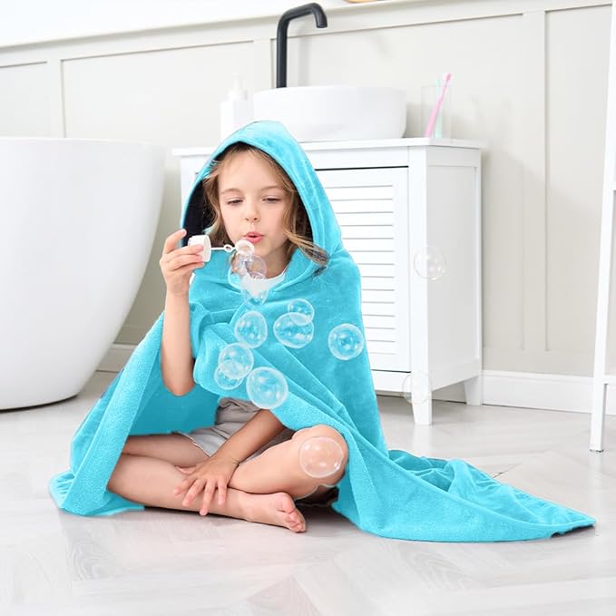 Hiturbo Kids Hooded Bath Towel: 100% Cotton Soft Thick Absorbent Towels Wrap - 50"x30" Shower Beach Pool Wearable Blanket for 3-12 Yrs Boys Girls - Blue