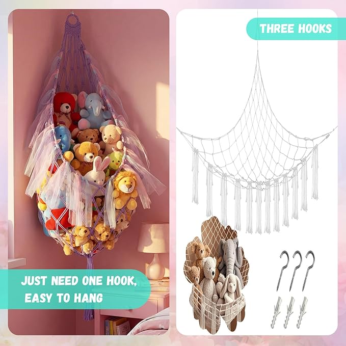 Stuffed Animal Storage Organizers Corner Hanging Net with LED Lights 59 Inch Toy Storage Stuffed Animal Hammock Macrame Toy Display Plush Holder Wall for Bedroom Nursery Playroom Organizer