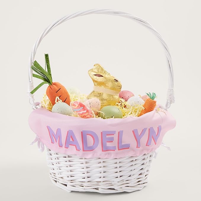 Personalization Universe Custom Shadow Name Embroidered White Easter Basket with Folding Handle – Personalized Easter Basket for Kids – Decorative Storage & Holiday Gift