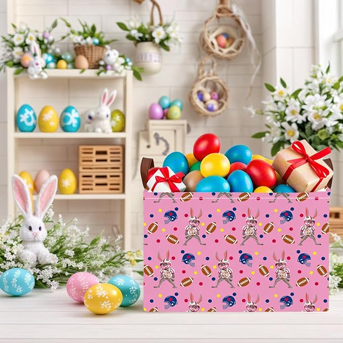 Large Cute Easter Basket for Kid Empty Gift Baby Rectangle Storage Bin Bunny Eggs Boy&Girl Room Décor (Rabbit Rugby Pink)