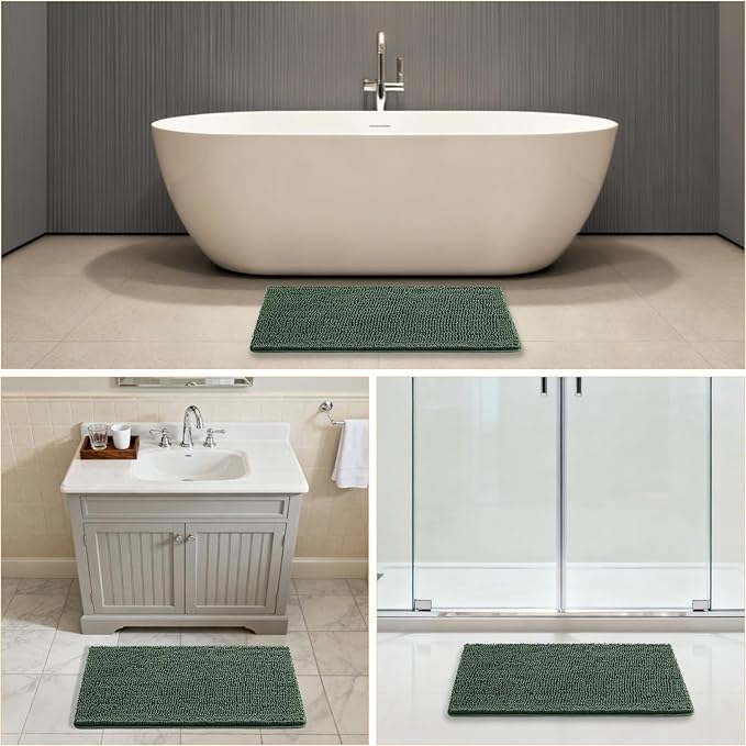 Hunter Green Bathroom Rugs 20"x32" - Thick Plush Chenille Non-Slip Bath Mat - Absorbent, Washable, Soft Decor for Sink, Shower, Tub, Kitchen, Home Accessories