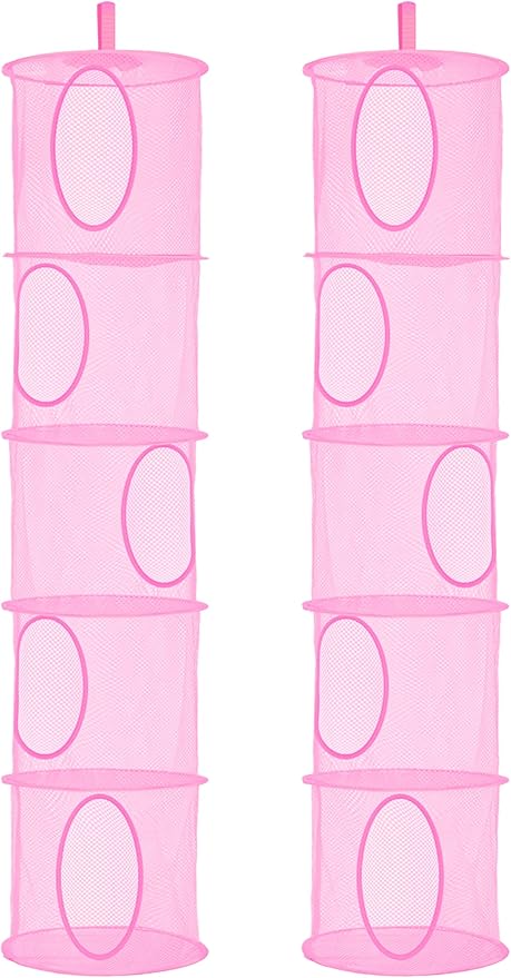 coastal rose 2Pcs Stuffed Animal Storage Foldable Stuffed Animal Net or Hammock Organizer, 5 Compartments Hanging Mesh Toy Storage Hammock for Kid Room Toys, Gloves, Hats, Socks(Pink)