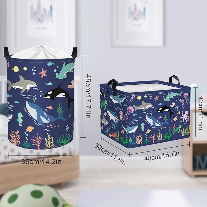 Clastyle Fish Sea Turtle Baby Basket Ocean Coral Seaweed Starfish Toy Book Shelf Basket Waterproof Pool Toy Beach Towel Storage Bin Large Dirty Clothes Laundry Hamper, Whales, 40*30*30 cm
