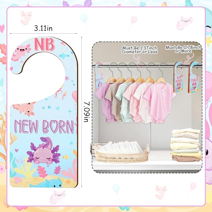 Baby Closet Dividers 8PCS, Axolotl Themed Wooden Double-Sided Clothes Size Hanger/Organizer from Newborn to Toddler for Nursery Decor Baby Shower Birthday Gender Reveal Party Gift