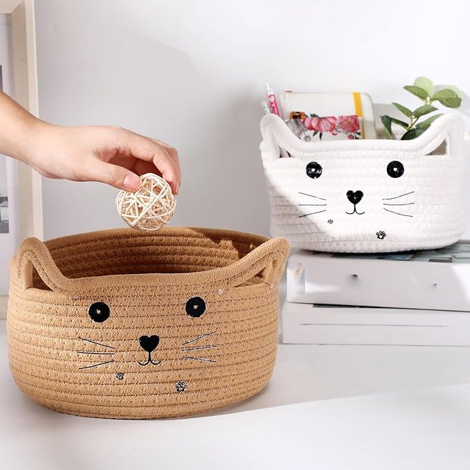 Zopeal Cat Basket Storage Woven Organizer with Ears Christmas Decorative Pet Toy Cute Cotton Rope Basket for Gift Cat Dog Toy Bin Nursery Room(8.3 x 4.7 Inch,Khaki)