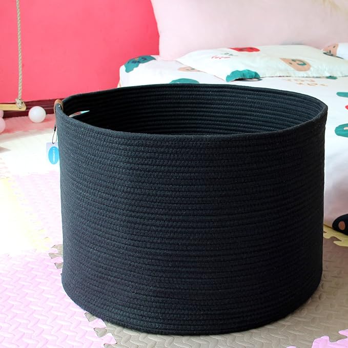 Casaphoria XXXLarge Cotton Rope Basket for Living Room - Woven Storage Basket with Handle for Blankets, Towels and Pillows Laundry Hamper | Dark Black (21" x 21" x 13.8")