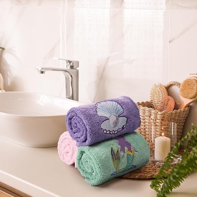 3 Pcs Watercolor Mermaid Hand Towels 14 x 29 Inch Cotton Embroidered Mermaid Shell Beach Bathroom Towels Sea Ocean Bathroom Decorative for Home Drying Cleaning Cooking Gift