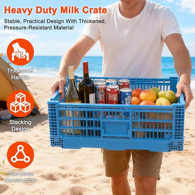 Collapsible Milk Crate, 1 pck 52L(13GAL) Stackable Storage Bins, Heavy Duty Storage Crates, Plastic Crates for Grocery, Warehouse Organization - Extra Large, Holds 130 lbs Per Bin