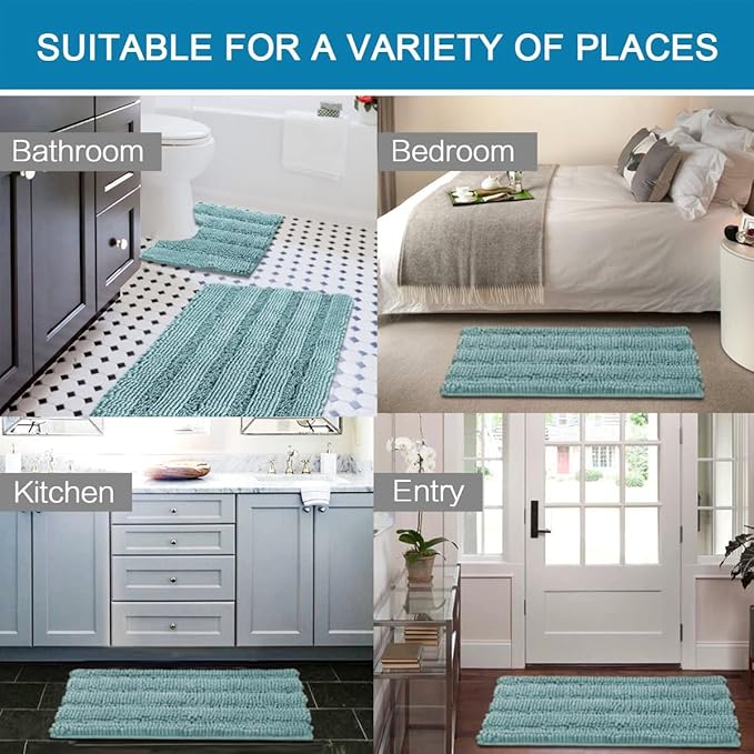 H.VERSAILTEX 3 Piece Bathroom Rugs Sets Thick Striped Bath Rugs Set for Bathroom Non Slip Soft Absorbent Bath Mat Set for Tub, Shower and Toilet(17''x24''+20''x32''+20''x24'' U-Shaped, Aqua Haze)