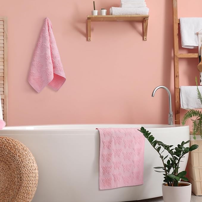 2 Pcs Butterfly Hand Towels for Bathroom Pink Butterfly 100% Cotton Jacquard Weave Bath Towel Set Soft Absorbent Dish Washcloth for Women Bathroom Kitchen Summer Gifts 13.8 x 29.5 Inch