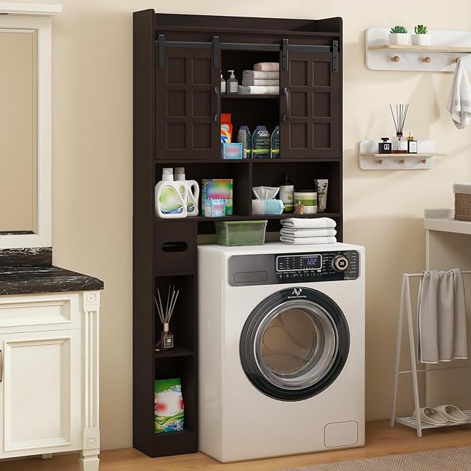 Over The Toilet Storage Cabinet, Farmhouse Storage Cabinet Over Toilet with Sliding Doors,Home Space-Saving Toilet Rack, for Bathroom, Restroom, Laundry. Espresso