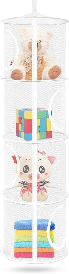 Toy Net Hammock for Stuffed Animals Net, Foldable Toy Storage Organizer 4 Compartments Net for Stuffed Animals Corner for Boys, Girls, Gloves, Hats, Socks(white)