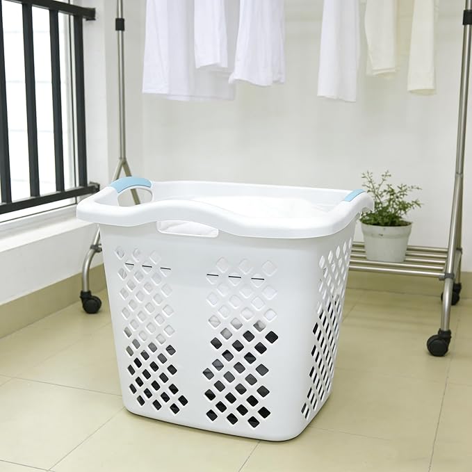 2 Bushel Plastic Laundry Basket with Silver Handles, White - Large Capacity Hamper for Adults and Teens, Sturdy Foldable Storage Bin for Bedroom, Bathroom, Dorm, and Closet