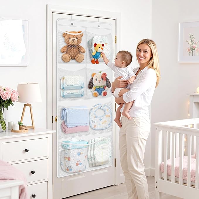 Stuffed Animal Storage - Large Over the Door Organizer with 6 Expandable Mesh Pockets & Metal Hooks, Non-Woven Fabric Hanging Plush Items Holder for Nursery, Bedroom, Playroom (White)