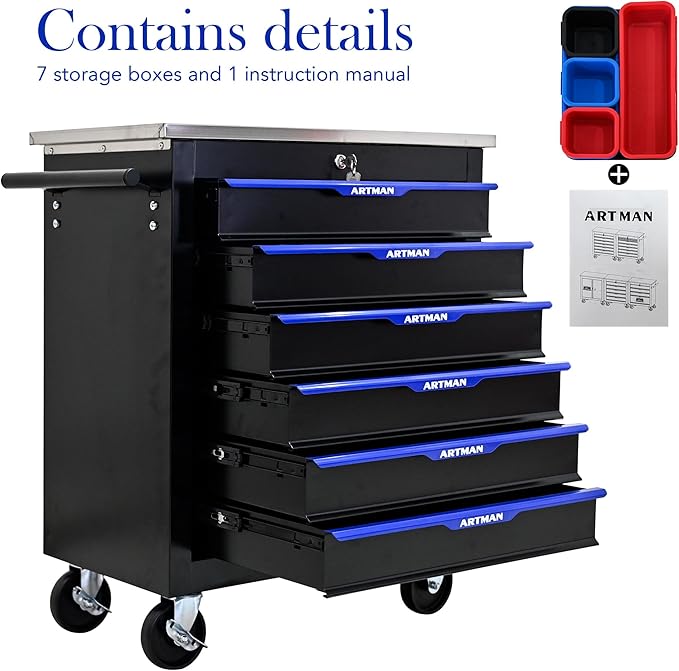 6 Drawers Rolling Tool Chest Cart PLUS ,Tool Storage Cabinet With 4 Wheels.Tool Cabinet Trolley With Locking System and Stainless Steel Countertops.Tool Storage Cart for Garage,Workshop,Warehouse