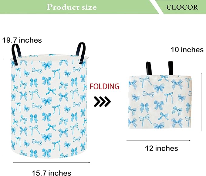 CLOCOR Round Collapsible Flat Storage Basket,Space-Saving Fabric Laundry Hamper for Clothes,Nursery Hamper,Gift Basket(Blue Bowknot)