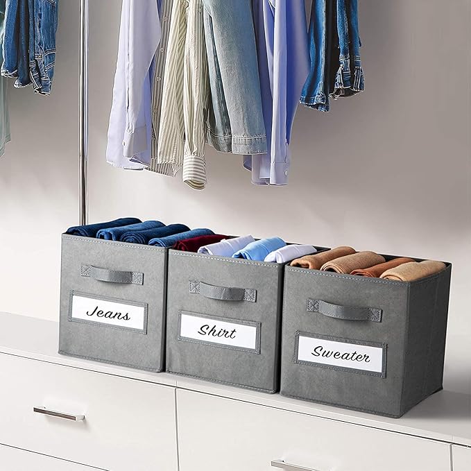 artsdi 13x13x13 storage cube bins(Set of 8) Fabric storage cubes with 8 Labels Window Cards & a Pen, storage cubes 13x13, Collapsible 13 inch cube storage bins, Cubby Organizer Boxes, Gray