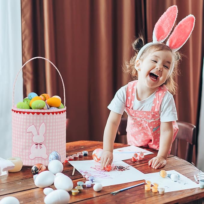 DYSHAYEN Bunny Easter Basket, Gingham Empty Easter Bucket with Handle for Easter Egg Hunts Party Favor Decorations (Pink)