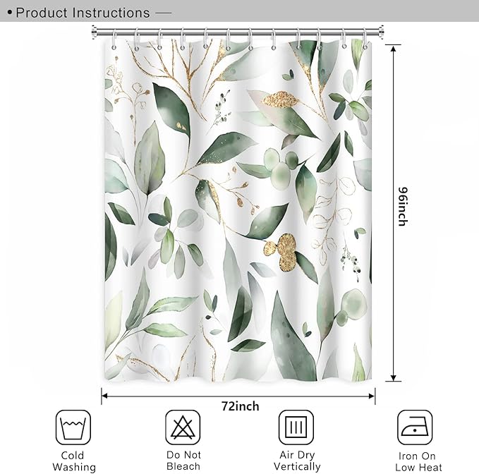 Abstract Eucalyptus Leaves Shower Curtains Sage Green Gold Branches Leaf Nature for Bathroom Farmhouse Style Home Decor Waterproof Polyester Fabric Shower Curtain with Hooks, 72x96 Inch