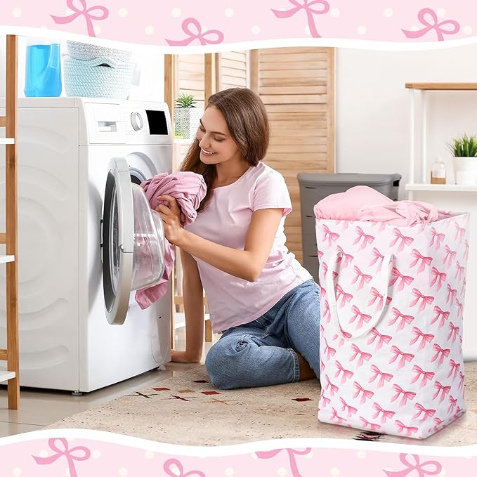 Leinuosen 2 Pcs Bow Pink Laundry Basket Pink Laundry Hamper Large Collapsible Bow Storage Baskets Cute Nursery Clothes Waterproof Hamper Room Organization for Bedroom Decor(Pastel)