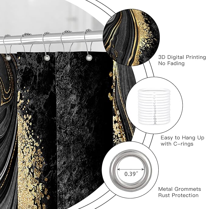 4PCS Black Gold Marble Shower Curtain Sets with Rugs, Abstract Bathroom Sets with Shower Curtain and Rugs, Bathroom Curtains Shower Set with Toilet Lid Cover for Bathroom Decor