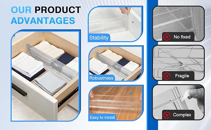 4Pack Drawer Dividers for Clothes, 4" High Adjustable Expandable Dresser Drawer Organizer, Clear Plastic Separators for Dresser, Underwear, Cosmetic, Toiletries