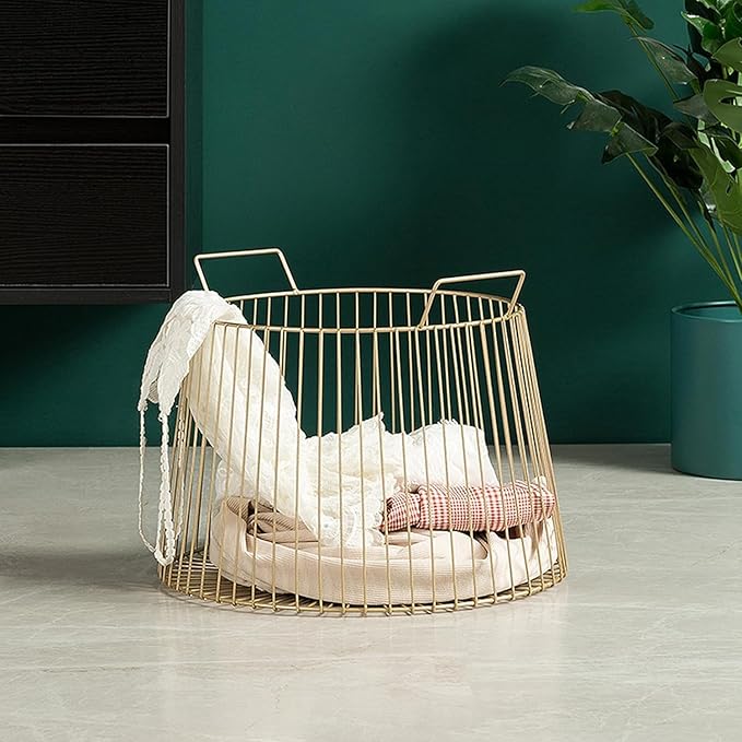 JITEM Cesto Round Metal Laundry Basket Scandinavian Wire Hamper w/Handles Iron Art Dirty Clothes Storage Basket for Bathroom Laundry Closet Dorm Washing Bin, Gold