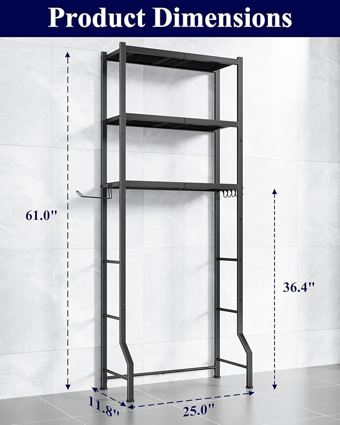 Kitsure Over The Toilet Storage Rack - Freestanding Over The Toilet Storage Cabinet with Paper Holder & Hooks, Bathroom Organizers and Storage, Black, 3 Tiers (61" H)
