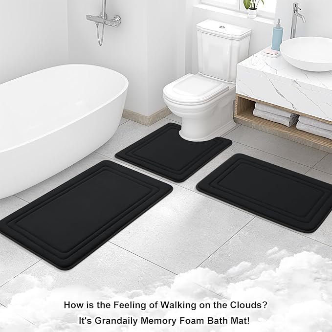 Grandaily Memory Foam Bath Mat Rug 44x24, Ultra Soft, Non-Slip and Absorbent Bathroom Rugs, Machine Wash Dry, Comfortable Bath Carpet for Bathroom Floor, Tub and Shower, Black