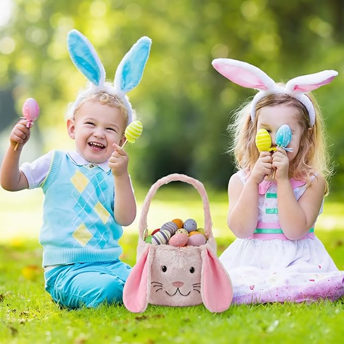 Easter Bunny Basket,Cute Easter Bucket Bags with Rabbit Ears for Easter Eggs Hunting,Easter Decorations,Candy Gifts Storage (Pink/White)