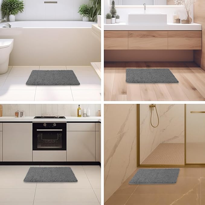 Gray Bathroom Rugs – Absorbent and Washable Bath Mat, Non-Slip, Thick Soft Chenille Bath Rugs for Bathroom Floor, Shower, Sink - 17" x 24"