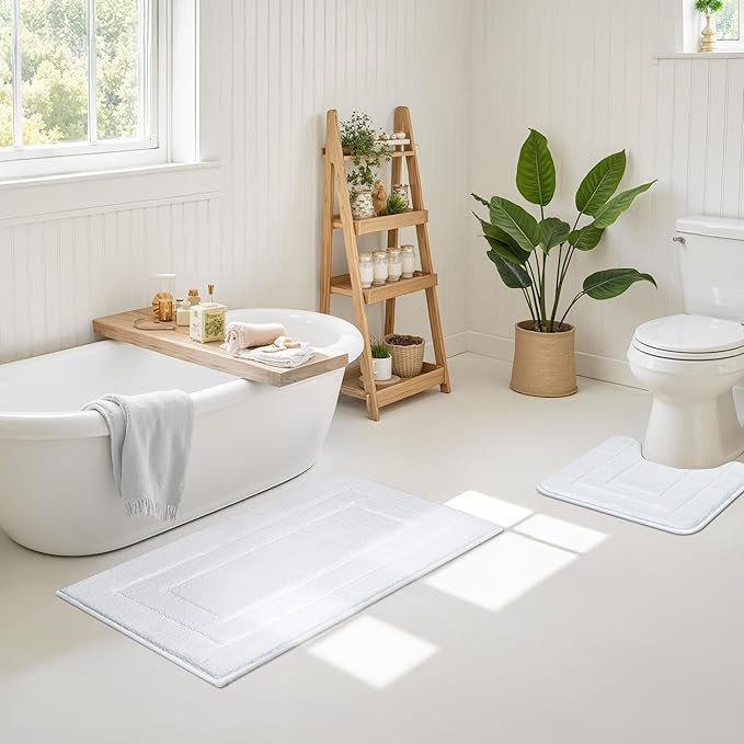 GRANNY SAYS Large Bathroom Rugs Non Slip Washable, 24" x 43", Water Absorbent Bath Mats for Bathroom, Thick Soft Shaggy Bath Rug, Microfiber Shower Room Floor Mat Decor, White