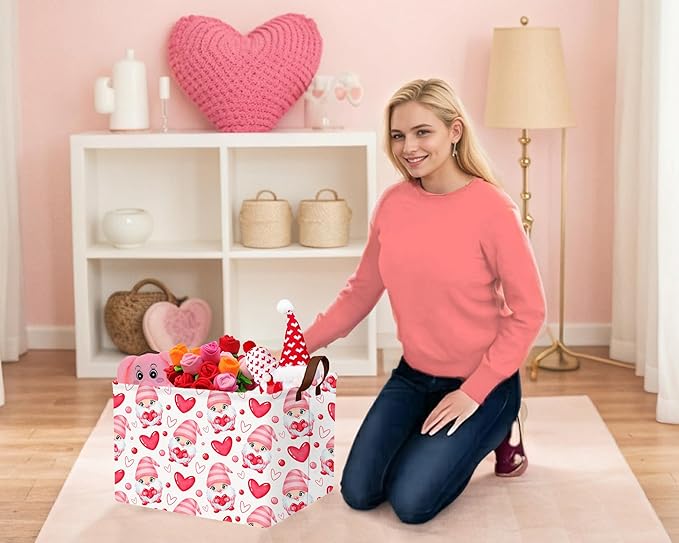 Large Valentine's Day Basket Heart Shaped Storage Bin for Gifts Collapsible Organizer Room Decor (Pink Gnome Love)