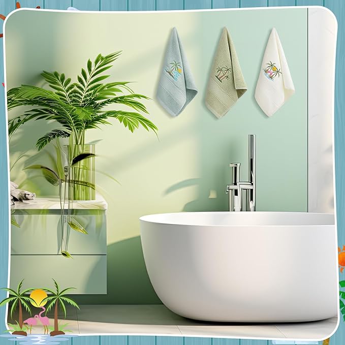3 Pack Summer Palm Tree Hand Towels for Bathroom 100% Cotton Embroidered Beach Bathroom Towels 13.78 x 29.53 Inch Soft Absorbent(Green Series, Palm Tree)