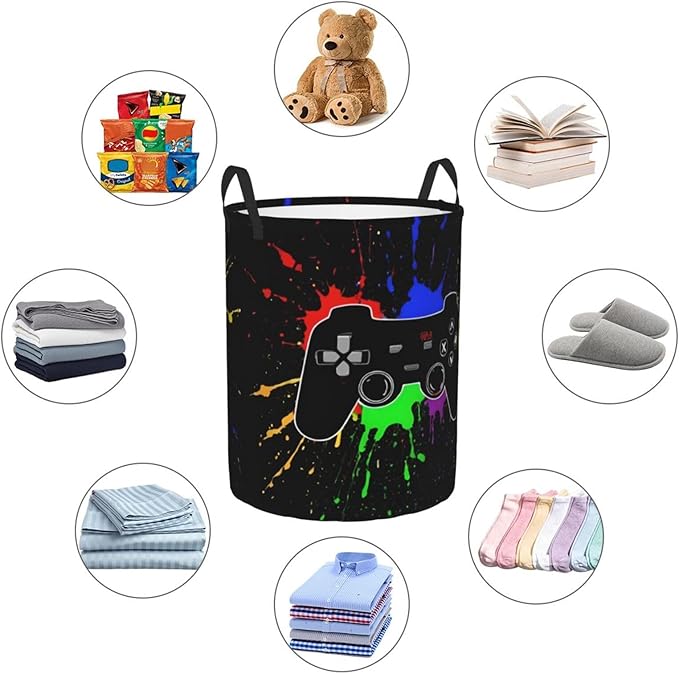 Gaming Theme Round Laundry Hamper Game Joystick Storage Basket Toys Clothes Organizer Bin For Home Bathroom Bedroom Dorm Nursery, 62l