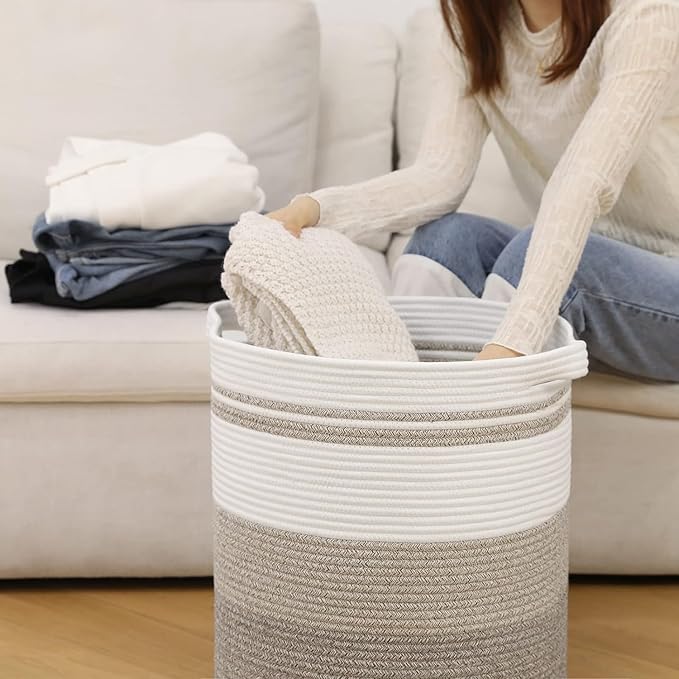 laundry hamper 16x16x18,60L – large basket for blankets, toy basket,Cotton Rope Blanket Basket Living Room, Baby Laundry hamper for Blanket, Nursery, –stuffed animal storage( Rainbow color)
