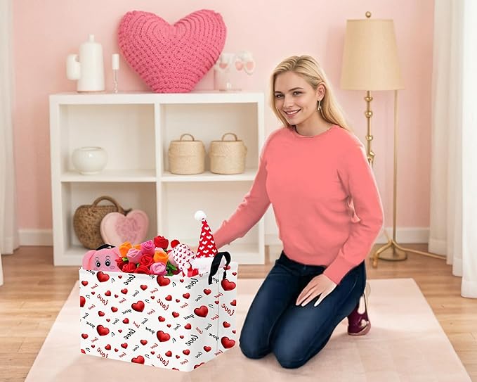 Large Valentine's Day Basket Heart Shaped Storage Bin for Gifts Collapsible Organizer Room Decor (3D Love)