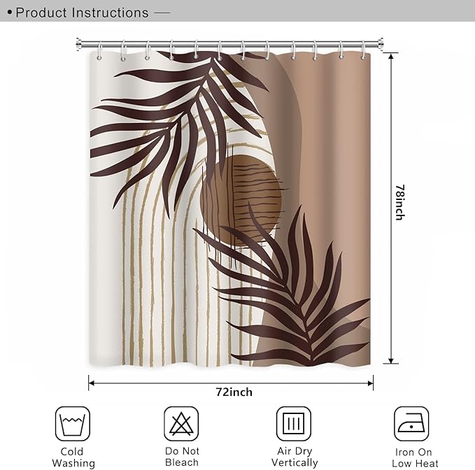 Abstract Mid Century Boho Bathroom Shower Curtain - Eucalyptus Leaves Brown and Beige Sun Shower Curtain with Hooks - Waterproof Polyester Fabric - 72x78 Inch