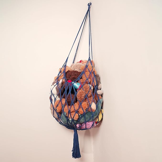 Stuffed Animal Storage Hammock Corner Hanging Net Stuffy Animal Hammock Macrame Toy Display Plush Toy Holder for Kid Bedroom Decor Boho Nursery Playroom Organizer (Blue)
