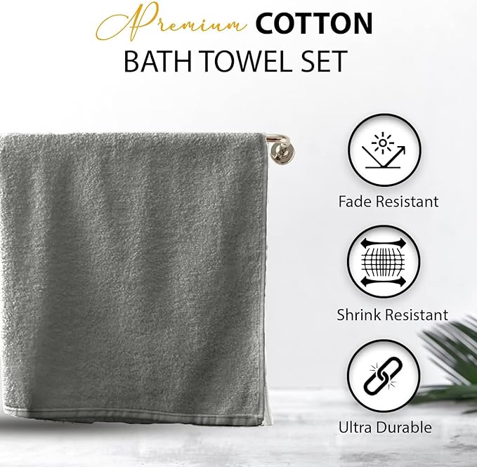 100% Cotton Bath Towels, 24x48 Pack of 6 Towels, Quick Dry, Highly Absorbent, Soft Feel Towel, Gym, Spa, Bathroom, Shower, Pool, Luxury Soft Towels (Light Grey, 24x48-6 Pack)
