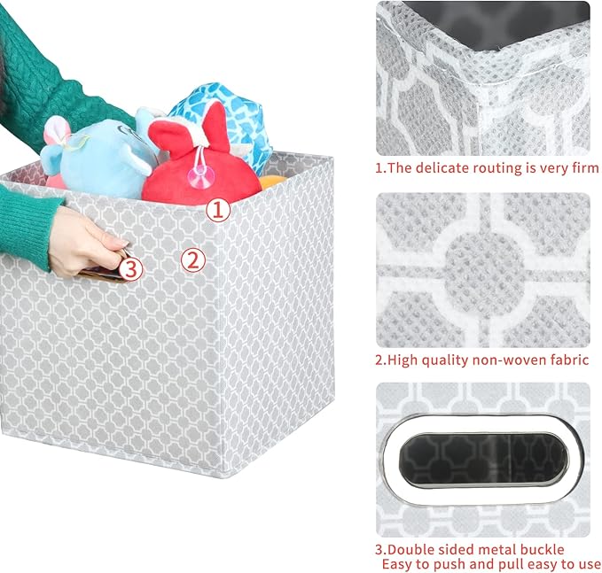 Fabric Cloth Storage Bins,Fabric Cube Organizer with Dual Handles Foldable Cube Storage Baskets for Home Bedroom Storage,Set of 3,(Light Grey)