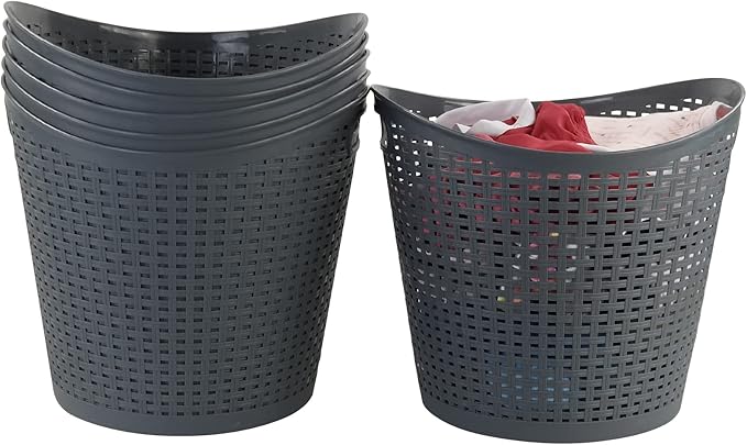 6-Pack Large Plastic Storage Basket, 30 L Laundry Hamper, Gray