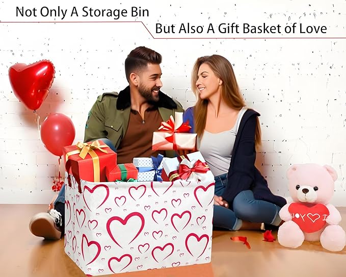 Large Valentine's Day Basket Heart Shaped Storage Bin for Gifts Collapsible Organizer Room Decor (Open Mouth Love)