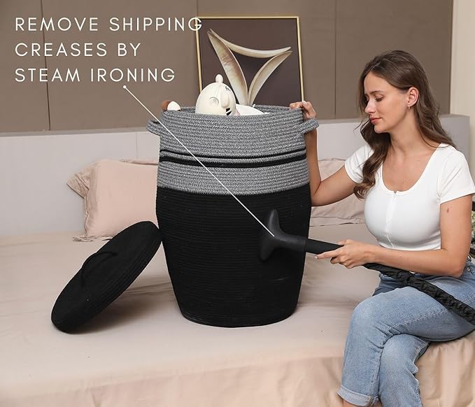 26" x 20" Handcrafted Tall Cotton Rope Basket with Lid, Stylish Flagon Shape with Cover, Clothes Hamper with Top, for Bedroom and Living Room, Grey Mix/Black