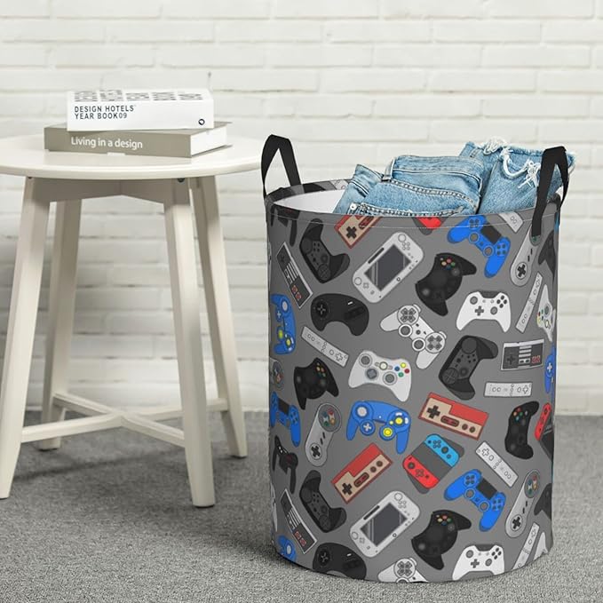 Video Game Controller Grey Background Round Laundry Hamper Gaming Theme Storage Basket Toys Clothes Organizer Bin For Home Bathroom Bedroom Dorm Nursery, 62l