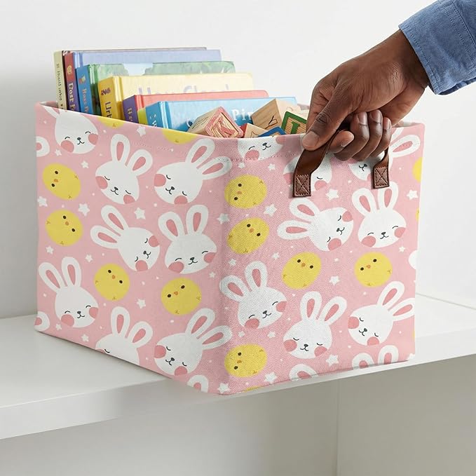 Large Cute Easter Basket for Kid Empty Gift Baby Rectangle Storage Bin Bunny Eggs Boy&Girl Room Décor (Rabbit Chicken Star Pink)