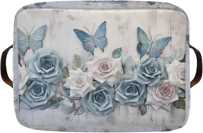 YETTASBIN Rose Butterfly Storage Basket 1pc, Large Collapsible Toys Clothes Organizer, Durable Canvas Storage Bin with Handle for Shelves Closet Laundry Home Office Decor